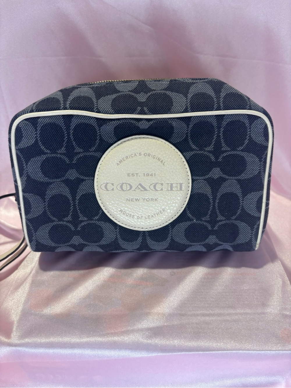 COACH Navy Signature Canvas Cosmetic Case with White Trim